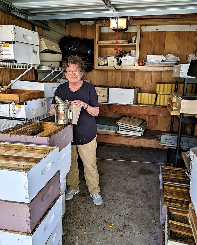 Betty Ann in the bee shed