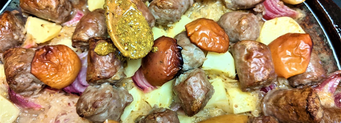 Sheet-Pan Sausages with Sauerkraut, Apples and Mustard