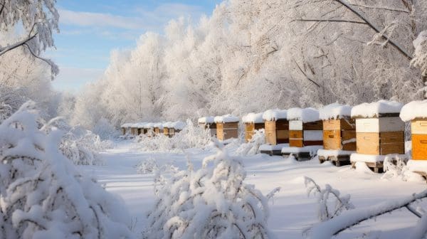 bee hives blanketed in snow