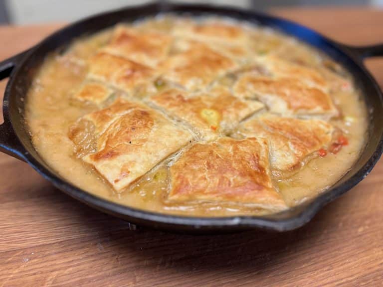 One-Skillet Chicken Pot Pie with Spicy Beer Mustard and Thyme